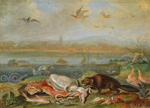 Creature dei quattro continenti in un paesaggio con vista su Canton sullo sfondo